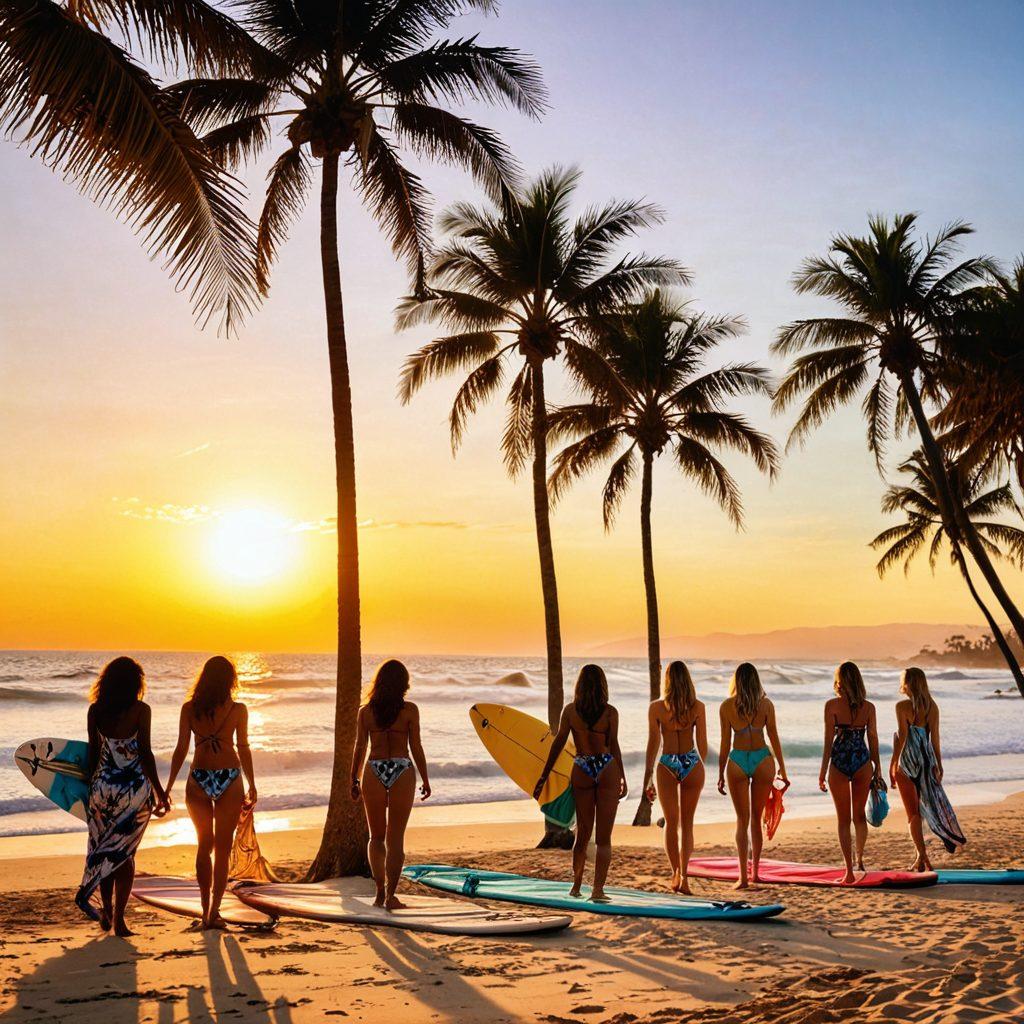 A stylish beach scene featuring a diverse group of fashionable individuals wearing trendy summer attire, such as colorful swimsuits, sunglasses, and flowing cover-ups. Incorporate elements like palm trees, beach towels, and a surfboard to amplify the vibe. The sun sets in the background, casting a golden hue over the sparkling ocean waves. Capture a sense of joy and relaxation that embodies summer fashion. vibrant colors. super-realistic.
